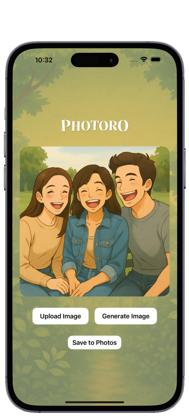 Photoro on iPhone, showing a photo of three friends redrawn in a Ghibli-style anime art style