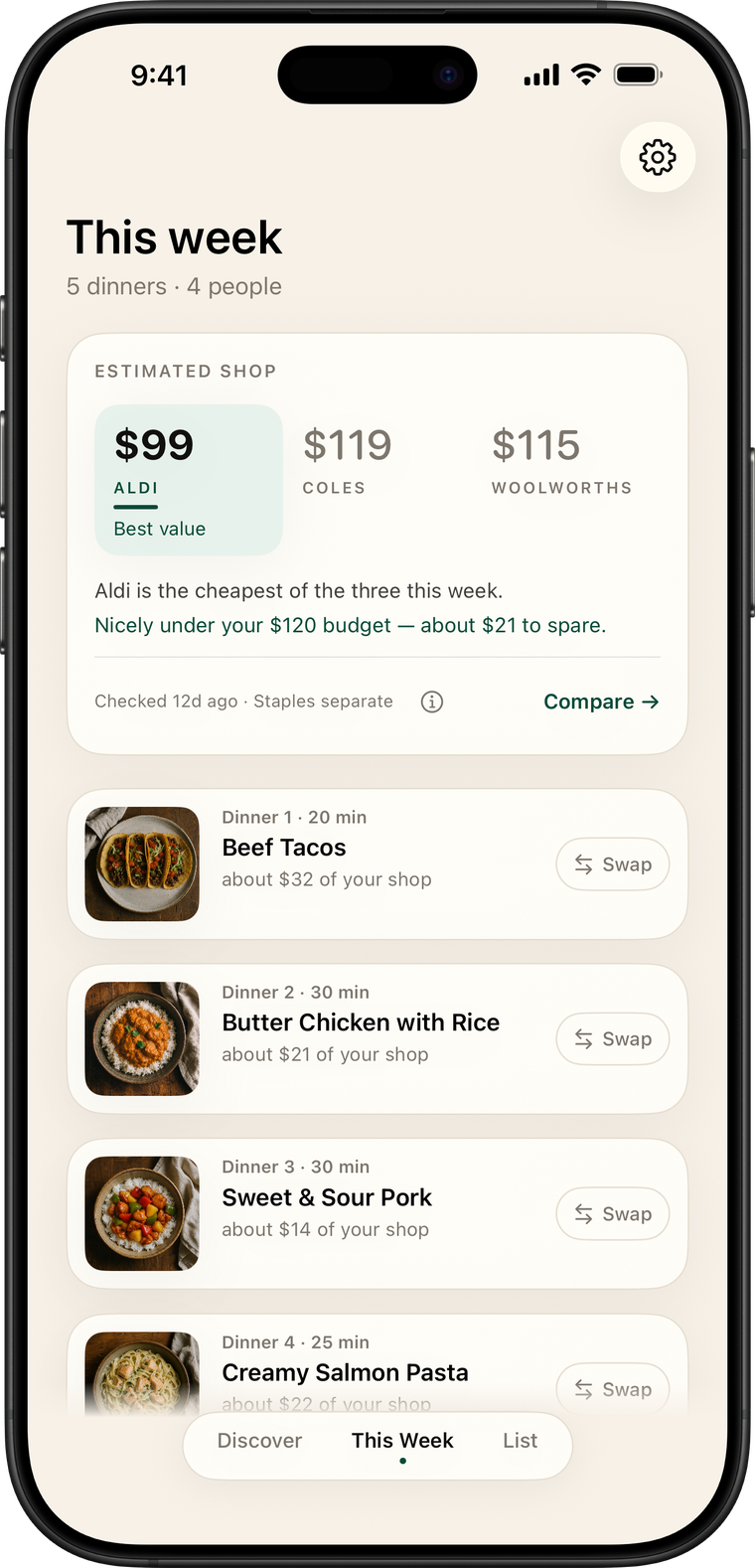 SupperPlan on iPhone showing a week of dinners with store totals for Aldi, Coles and Woolworths.